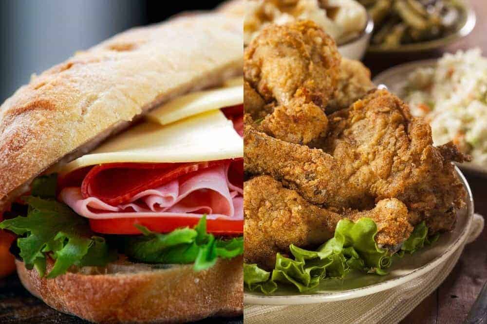 A collage of a sub sandwich and a plate of fried chicken.