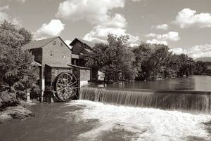 Black and white photo of The Old Mill in Pigeon Forge TN.