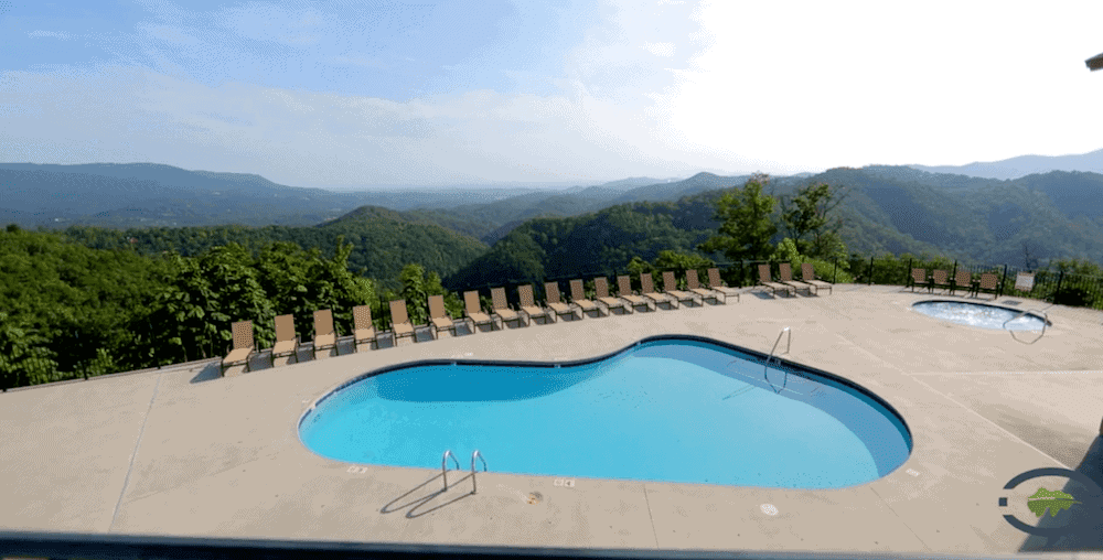 Beautiful swimming pool at a cabin resort in the Smoky Mountains.