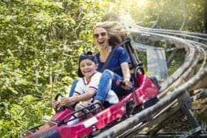Mother and son riding an alpine coaster.