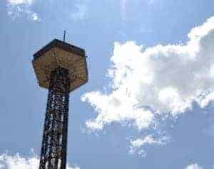 The Gatlinburg Space Needle with clouds in the background.