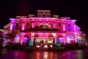 The Showstreet theater at Dollywood lit up with Christmas lights.