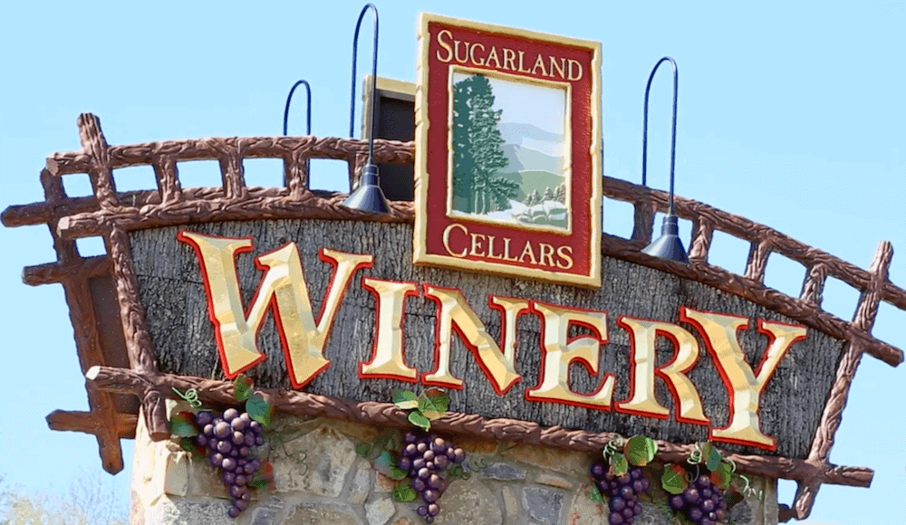 The sign for Sugarland Cellars in Gatlinburg TN.