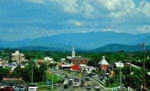 The city of Sevierville TN and the mountains.