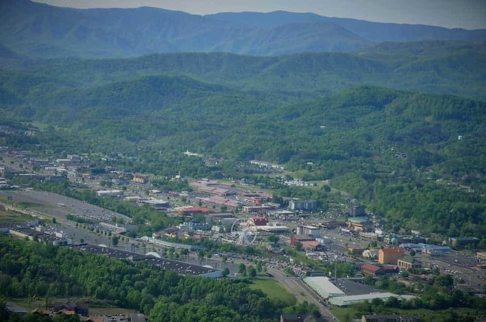 Stunning aerial view of Pigeon Forge and the mountains.