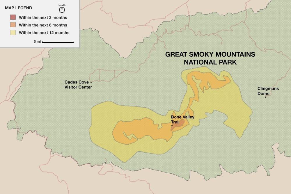 A map showing the growth of the sinkhole in the Smoky Mountains over time.