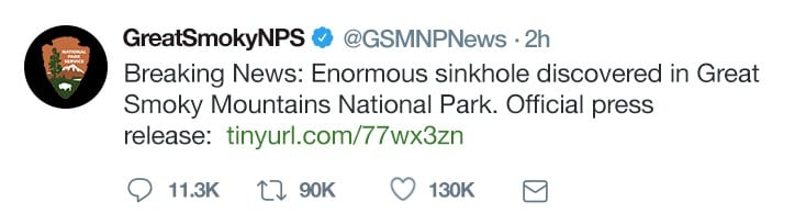 A tweet from GSMNPNews about the sinkhole in the Great Smoky Mountains.