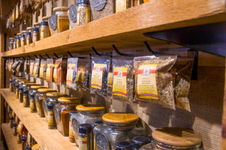 Tea lines the shelves at The Spice and Tea Exchange