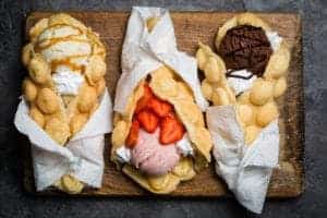 Three delicious bubble waffles filled with ice cream.