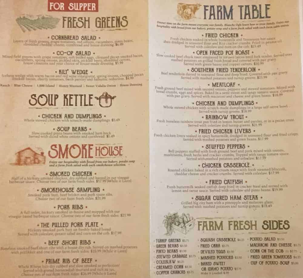 Five Oaks Farm Supper Menu