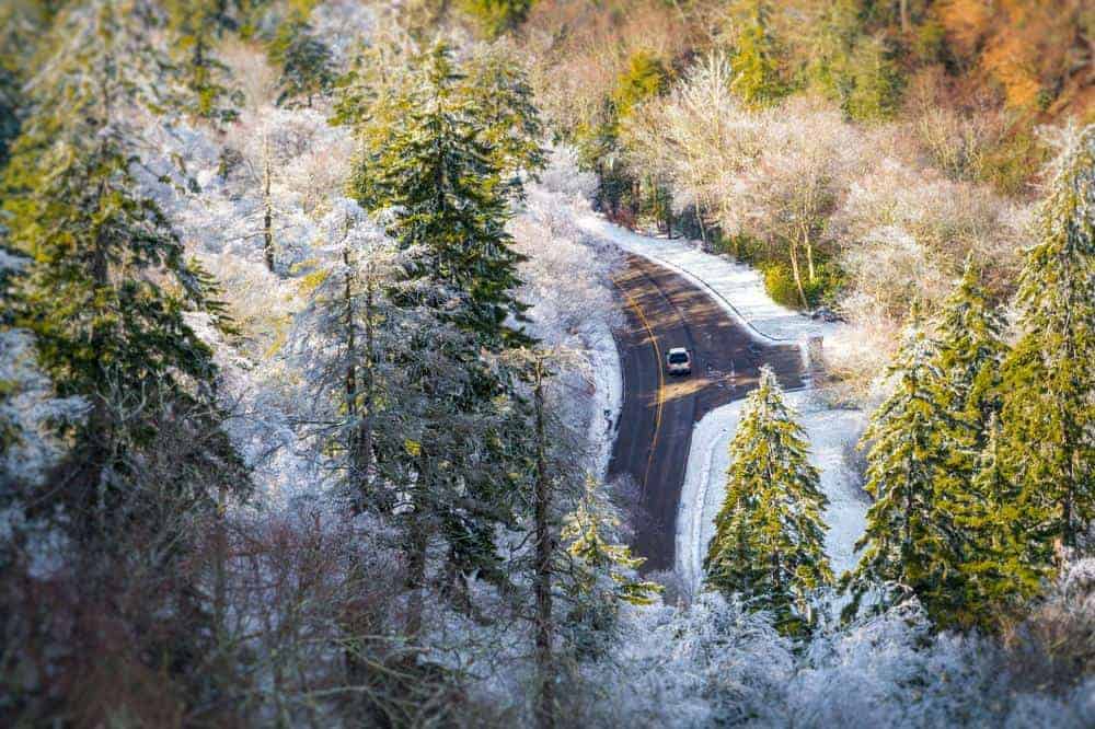 Car driving on Newfound Gap Road in the Winter