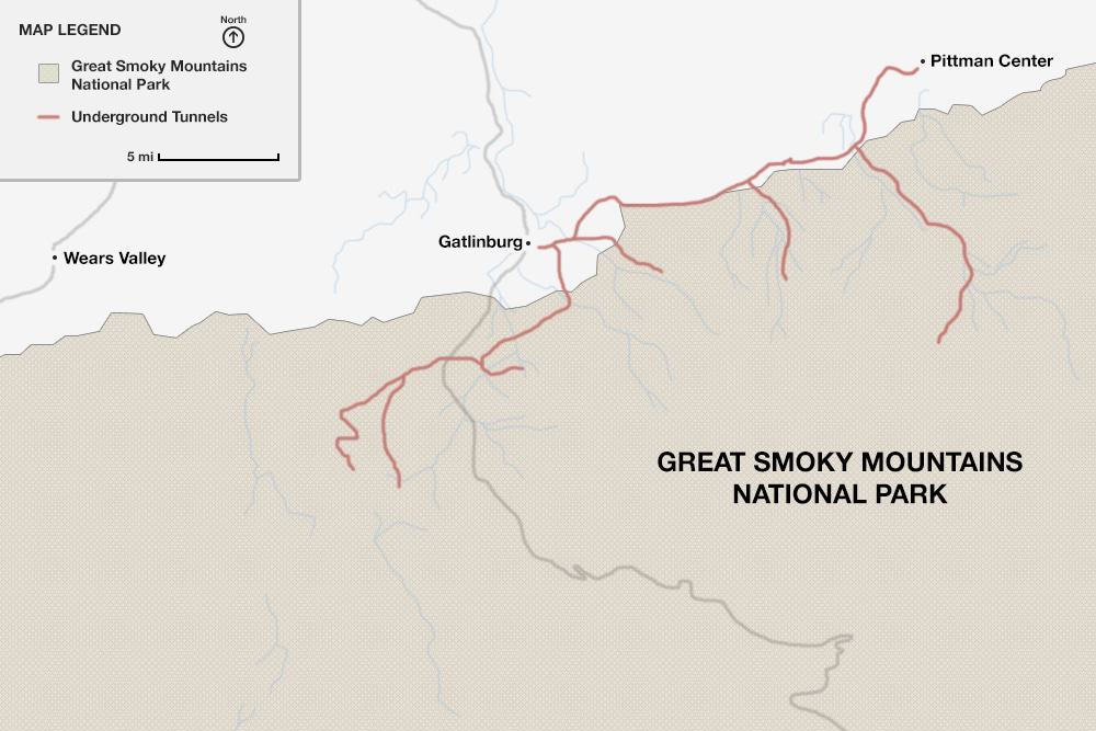 map of moonshiner tunnels in the Smoky Mountains