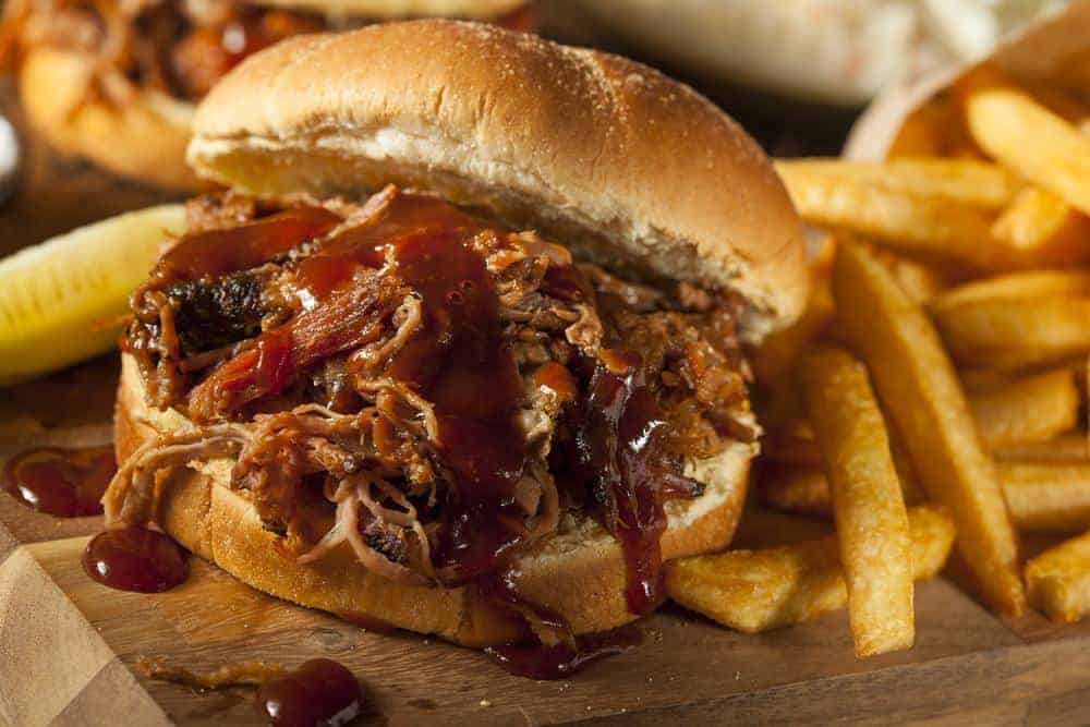 pulled pork sandwich with fries at restaurant in the smoky mountains