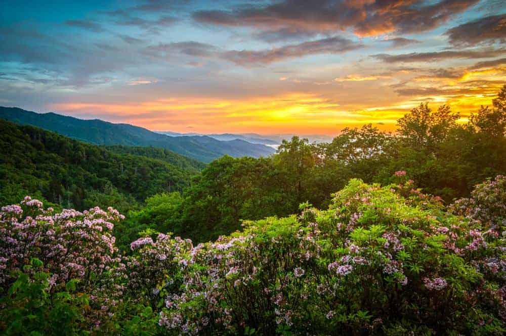 sunset in the smoky mountains in spring