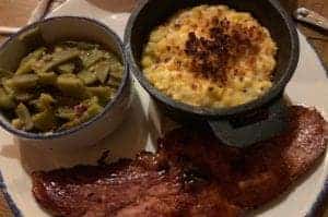 southern meal with ham, mac and cheese, and green beans