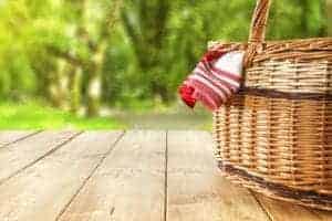 picnic basket on table in park