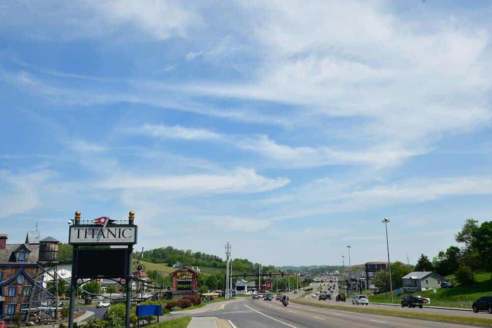 Pigeon Forge Parkway with Titanic Museum sign