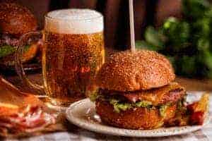 burger with glass of beer