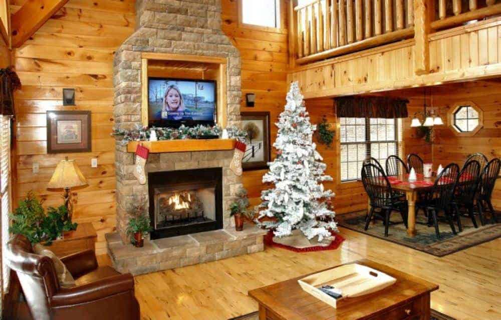 inside of gatlinburg cabin decorated for christmas