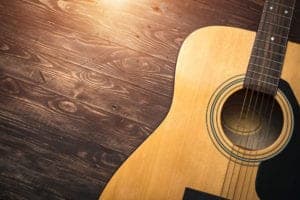 acoustic guitar on wooden background