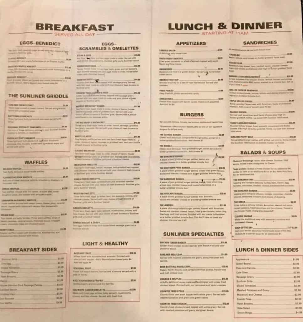 Sunliner Diner Breakfast and Dinner Menu