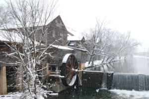 snow at the old mill in pigeon forge