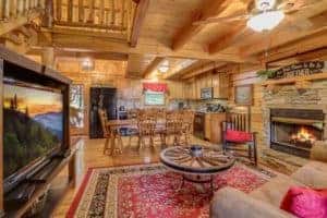 living room and kitchen inside a cabin