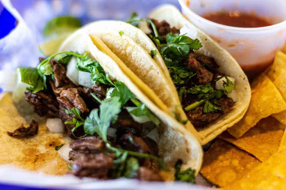 steak soft tacos with chips and salsa