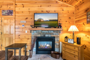 Wonderful stacked stone double-sided gas fireplace in the living room