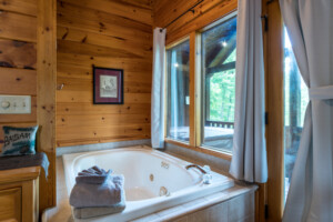 Plenty of storage in the large dresser and enjoy the jetted tub with the views
