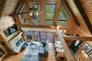 Aerial view of living room and electric fireplace