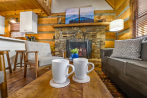 Main level living room with wood burning fireplace.