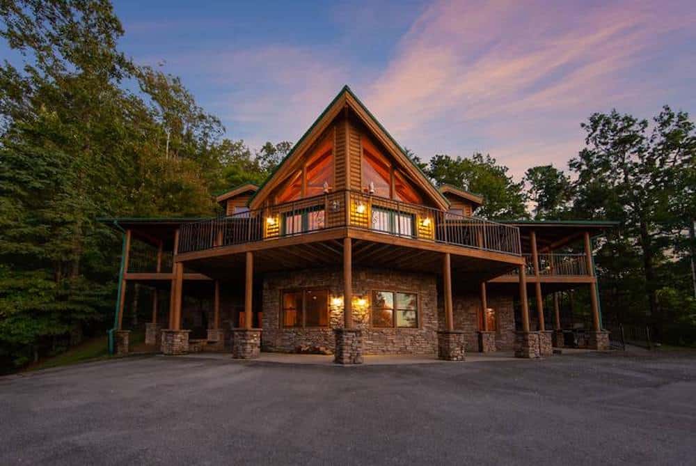 Exterior of the Big Bear Lodge cabin in the Smoky Mountains at sunset