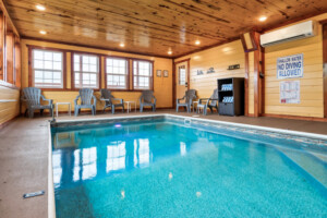 Private indoor pool with plenty of seating. Pool is heated to a pleasant lukewarm temperature year-round! 