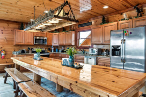 14-Person dining table with custom cozy lighting.