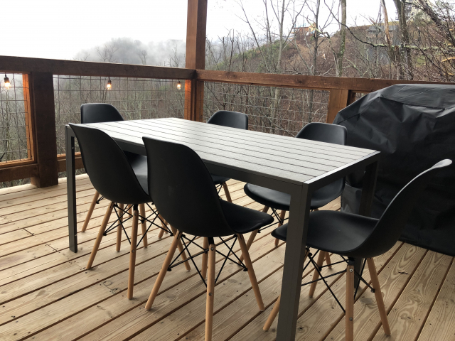 Downstairs bath and shower combo with large hot tub towelsPull up the upholstered bench and enjoy seating for 8 ~ this space is great for dining or enjoying family games