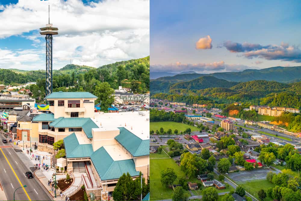 Split photo of Pigeon Forge and Gatlinburg