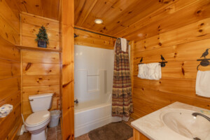 lower level bedroom with full bath and porch