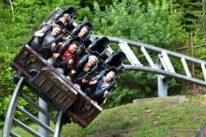 family riding Mystery Mine at Dollywood