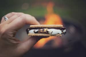 close up view of a s'more with the background of a campfire 