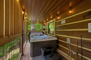 Porch swing on back deck overlooking wooded landscape