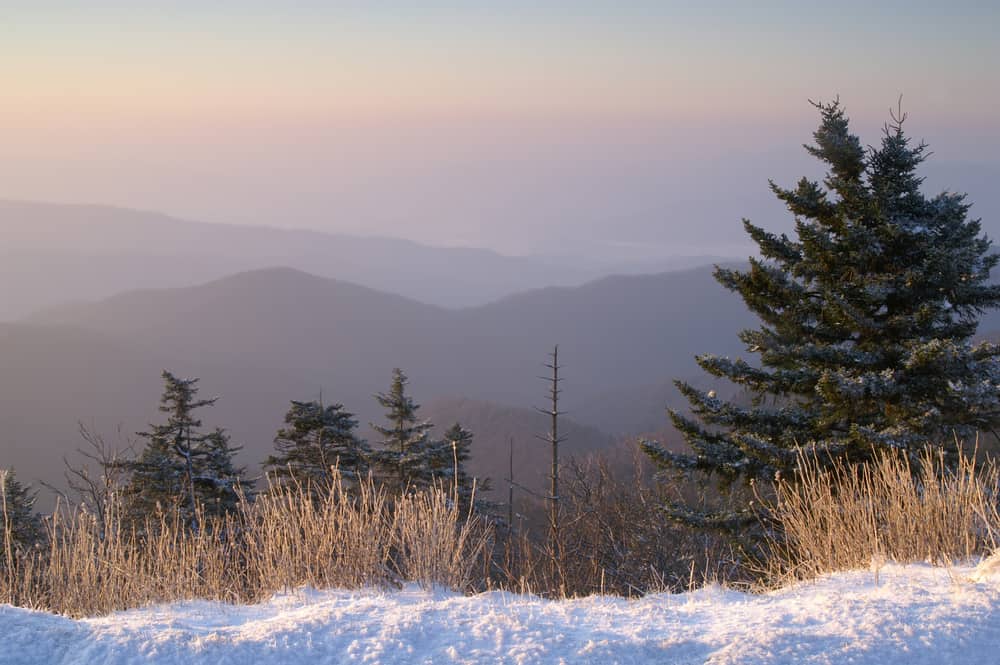 snow in the Smoky Mountains at sunrise