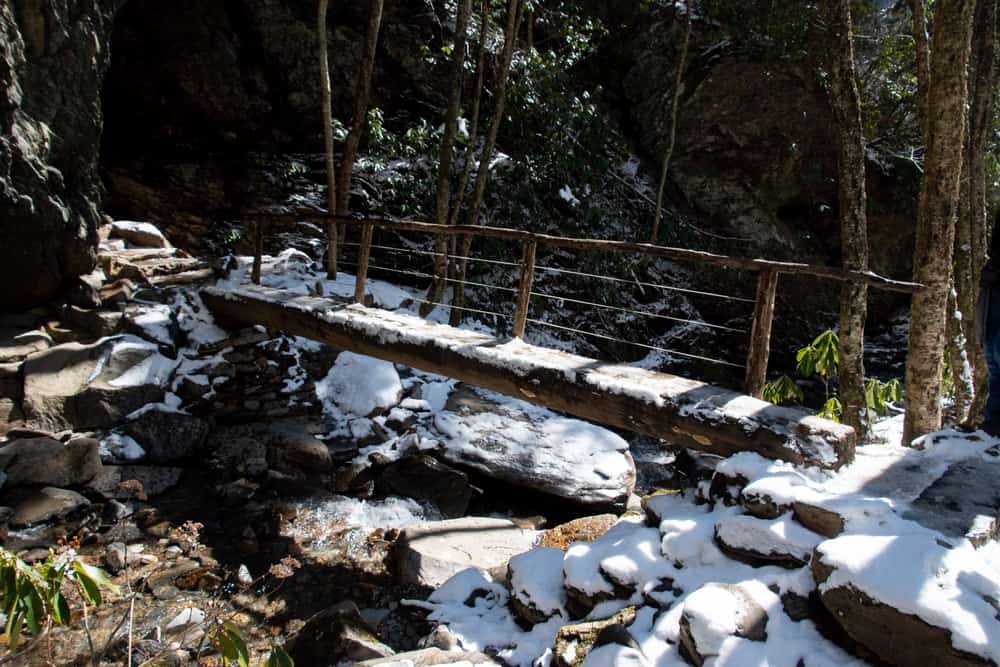 Alum Cave Trail bridge covered in snow