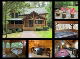 A Mountain Spirit Log Cabin in Sevierville Tennessee by the Smokey Mountains.  Showing a collage of the front view of the cabin, fire pit, hot tub, game room with pool table and 2 couches, card table, arcade game system, outdoor foosball table