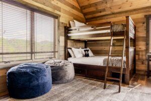 Queen over Queen adult sized bunk bed bedroom with a view. Private bathroom.