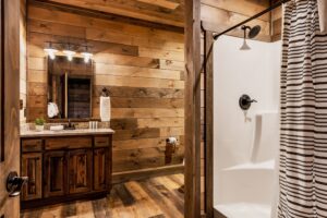 This the private bathroom of the downstairs King bedroom.